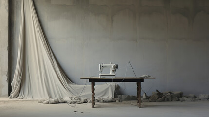 Sewing machine and fabric on table in tailor workshop. 