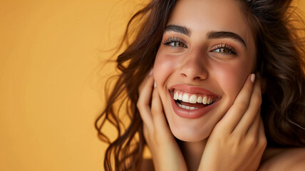 Beautiful girl with hands on her face on a yellow background