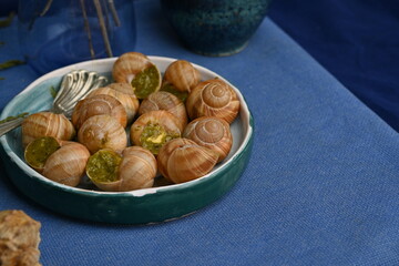 macro snails with pesto sauce photo above, snails with basil pesto, Grana Padano and pine nuts