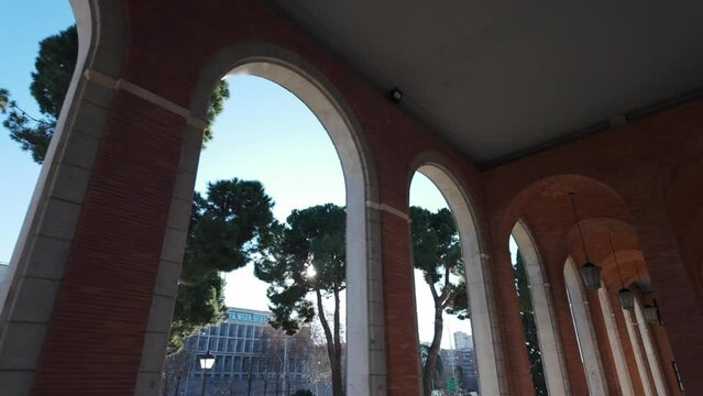 Arches of classic buildings from the fifties headquarters of ministries in Madrid, Spain