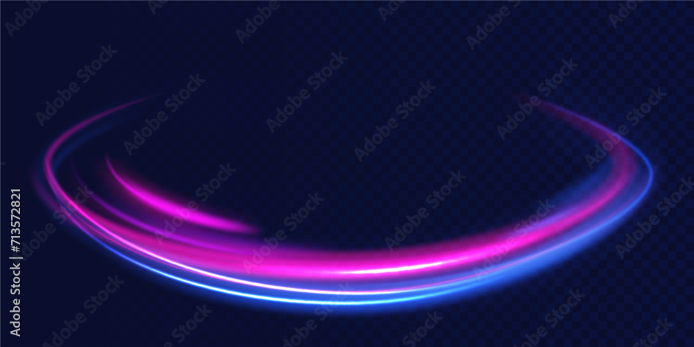 Poster High speed effect motion blur night lights blue. Abstract light lines of movement and speed with purple color sparkles. Laser beams luminous abstract sparkling isolated on a transparent background