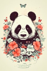 Obraz premium Cute panda with flowers and butterfly on beige background poster