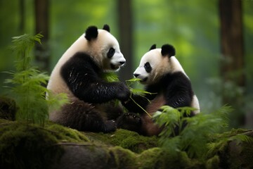 Fototapeta premium Harmony in the Bamboo Grove: Playful Pandas in Their Natural Habitat