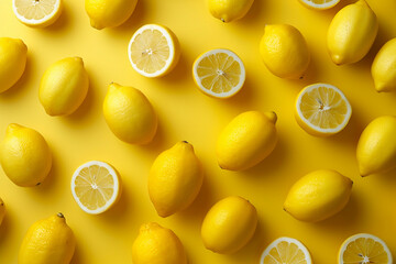 Lemons on yellow pattern. Juicy summer yellow pattern of sour lemons whole and cut in a half. Fruit background
