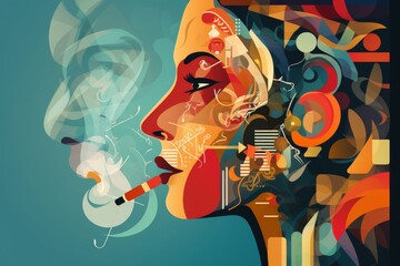 Unhealthy Lifestyle Visualized: Vector Illustration of a Person Smoking, Depicting the Negative Impact on Skin and Breath