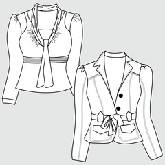 Air Conditioning Blazer Jacket for Women. Technical illustration of the jacket. Flat lay clothing jacket template front and back, white color. Women CAD mockup.