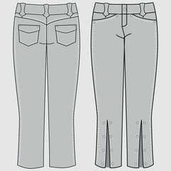 Technical fashion illustration pants and shorts set with regular low waist, high rise, mini midi maximum length, pockets. Flat garment template for pants front, back, gray color. Women, men make fun.