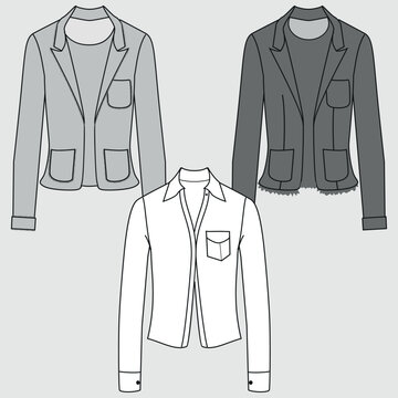 Showcase Blazer Jacket double breasted ribbed male design flat drawing fashion illustration technical drawing with front and back view, front and back view, white color, female CAD makeup.