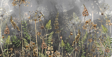 Art drawn dried flowers on a dark textured background, 
pattern in dark gray and beige tones, wallpaper for the interior