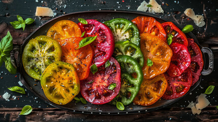 A variety of baked tomato slices arranged in a single row on dark circular metal dish