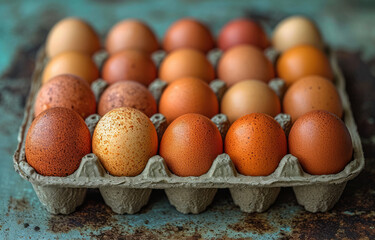 A carton with several dozen eggs. A carton of fresh, organic eggs sitting on top of a table, ready to be used as wholesome ingredients for nourishing meals.