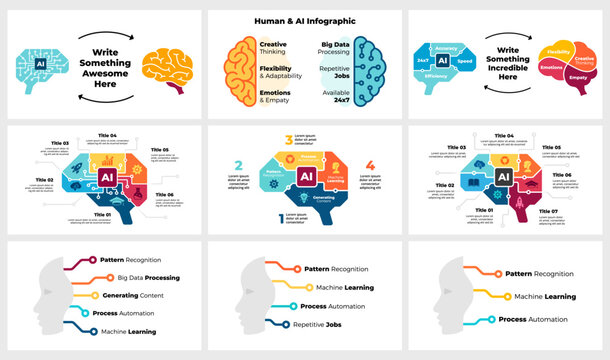 Human and AI Brain Hemispheres Infographic Template. Artificial Intelligence Illustration. Neural Network Logo. Chip microscheme engine. Robot, cyborg icon. Droid humanoid head. Deep learning machine