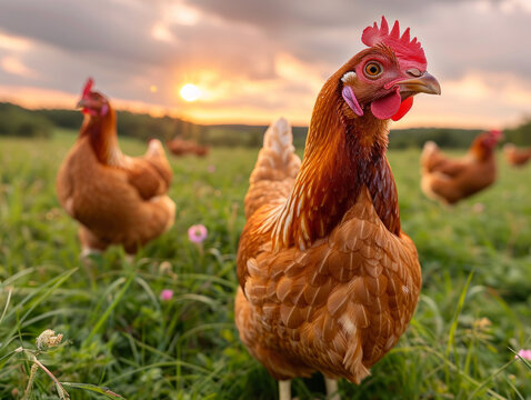 Group of chickens standing on a field. A captivating photo capturing a group of chickens confidently standing on a vibrant and fertile green field.