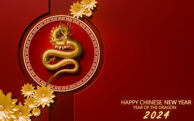 Obraz na płótnie Canvas Background image for Chinese New Year 2024. golden dragon and auspicious red. Traditional Chinese gold flower. Writing Happy New Year in Chinese. 3D Rendering