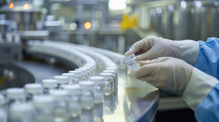 Hand with sanitary gloves check medical vials on production line at pharmaceutical factory