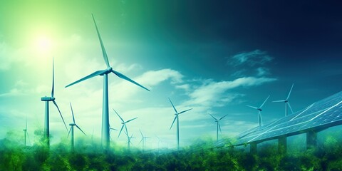 minimalistic design renewable energy background with green energy as wind turbines and solar panels,