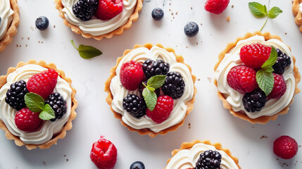 Healthy summer pastry dessert. Berry tartlets or cake with cream cheese, flat lay.