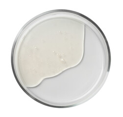 Petri dish with liquid sample on white background, top view