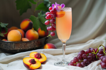 Bellini cocktail in dewy glass, gracefully garnished with grape and sliced peach