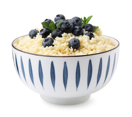 Bowl of tasty couscous with blueberries and mint isolated on white
