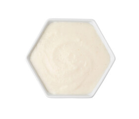 Bowl of delicious semolina pudding isolated on white, top view