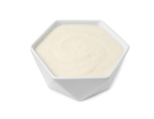 Bowl of delicious semolina pudding isolated on white