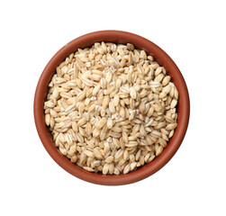 Dry pearl barley in bowl isolated on white, top view