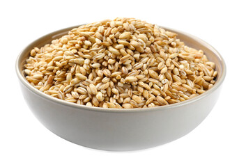 Dry pearl barley in bowl isolated on white