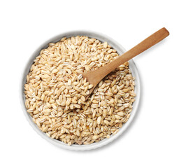 Dry pearl barley in bowl and spoon isolated on white, top view