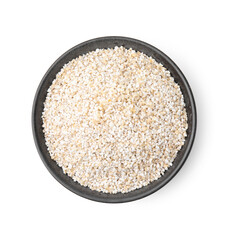 Dry barley groats in bowl isolated on white, top view