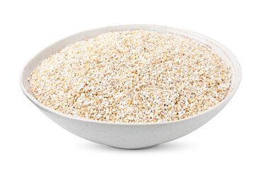 Dry barley groats in bowl isolated on white