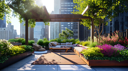 Um jardim de cobertura moderno oferece um oásis luxuriante no meio da selva de concreto urbana - obrazy, fototapety, plakaty