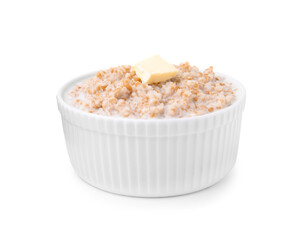 Tasty wheat porridge with milk and butter in bowl isolated on white