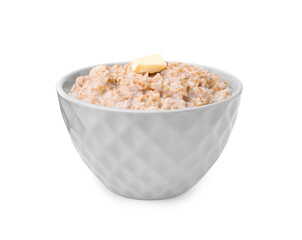 Tasty wheat porridge with milk and butter in bowl isolated on white