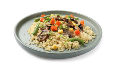 Delicious bulgur with vegetables and mushrooms isolated on white