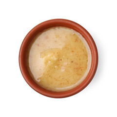 Delicious turkey gravy in bowl isolated on white, top view