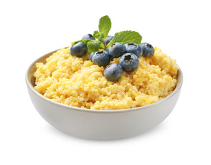 Tasty millet porridge with blueberries and mint in bowl isolated on white