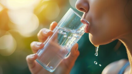 Close up female young woman person drinking water from a glass outdoors on light blurred background as hydration and healthy skin and weight managment concept