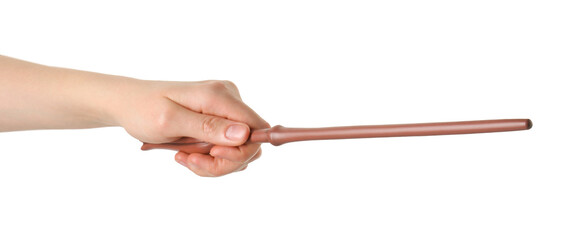 Woman holding magic wand on white background, closeup