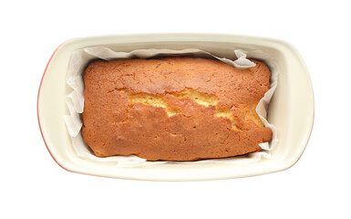 Tasty lemon cake in baking dish isolated on white, top view