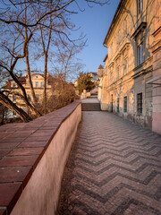 Morning journey up the Castle steps to Prague Castle. Winter twilight at dawn. Prague, Czech Republic