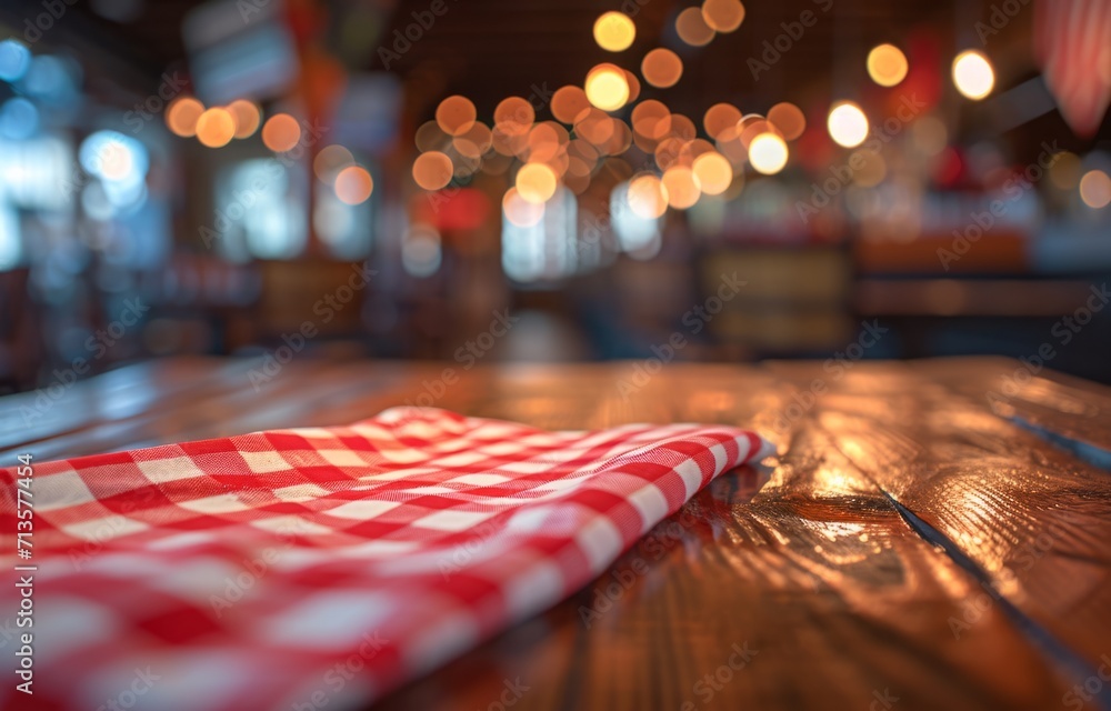 Poster red checkered napkin on the table is blurry generative ai