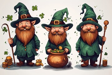 Seamless pattern with a leprechaun, a cauldron with coins and a staff, a symbol of good luck clover on a white background elegant design - obrazy, fototapety, plakaty