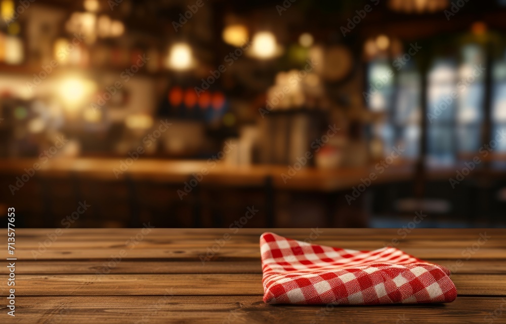 Poster red gingham napkin on a wooden table with blurred background generative ai