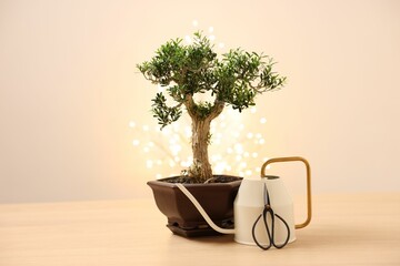 Beautiful bonsai tree in pot, watering can and scissors on wooden table, space for text