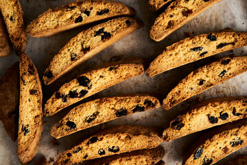 Golden Biscotti or Cantuccini on the baking pan. Traditional Sweet Italian cookies that are making...