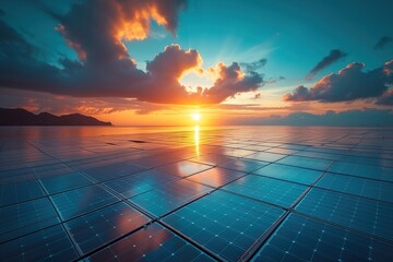Solar panels and blue sky background.Solar cells farm on the roof and sunset.Photovoltaic modules for renewable energy