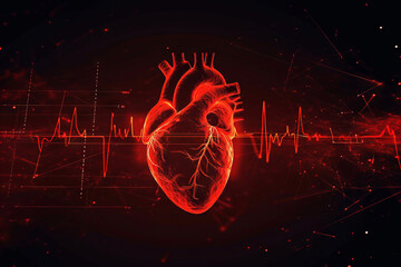 Abstract human heart shape with red cardio pulse line. Creative stylized red heart cardiogram with human heart on black background. Health, cardiology, cardiovascular diseases concept