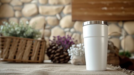 Stainless white steel tumbler tailored for product mock-ups and promotions, providing a customizable blank space.