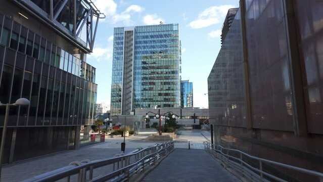 Modern skyscraper buildings headquarters of multinationals in the financial district of Madrid, Spain.